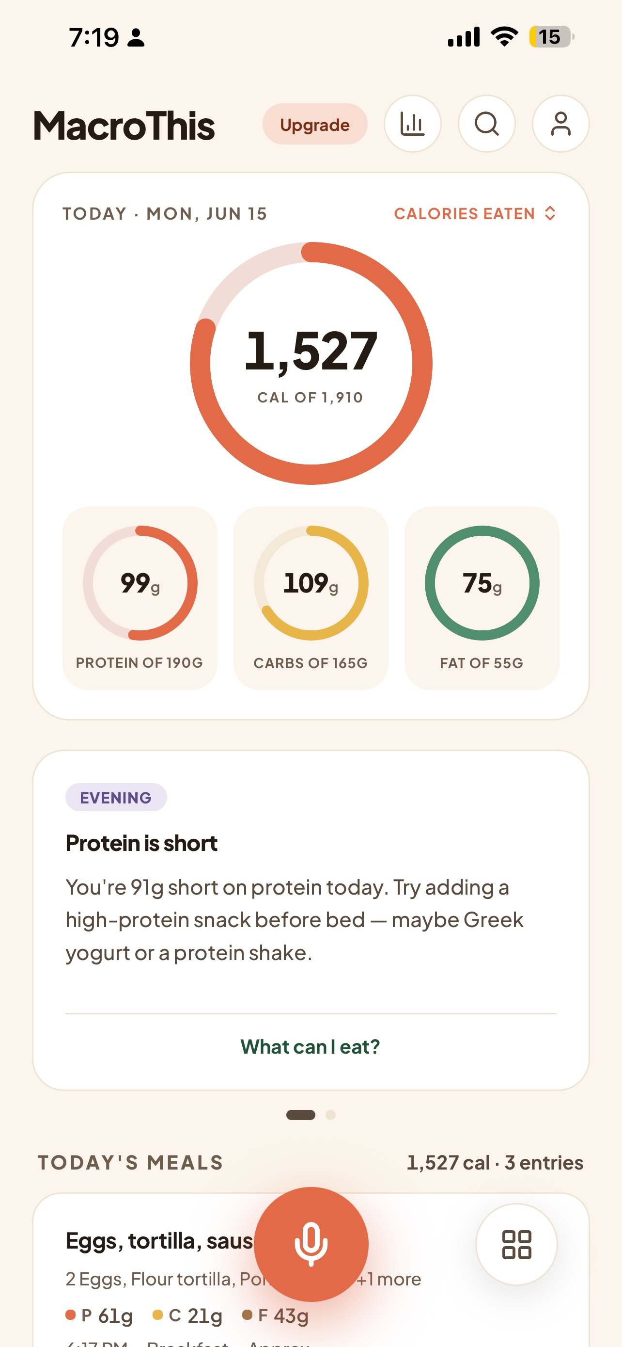 MacroThis home dashboard showing calorie ring and protein, carb, and fat totals for the day